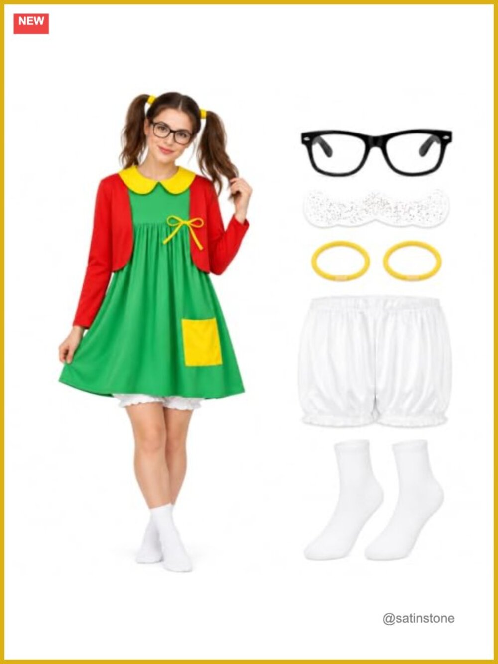 Halloween Cosplay Costume Set Dress Glasses Pants Freckles Women Party